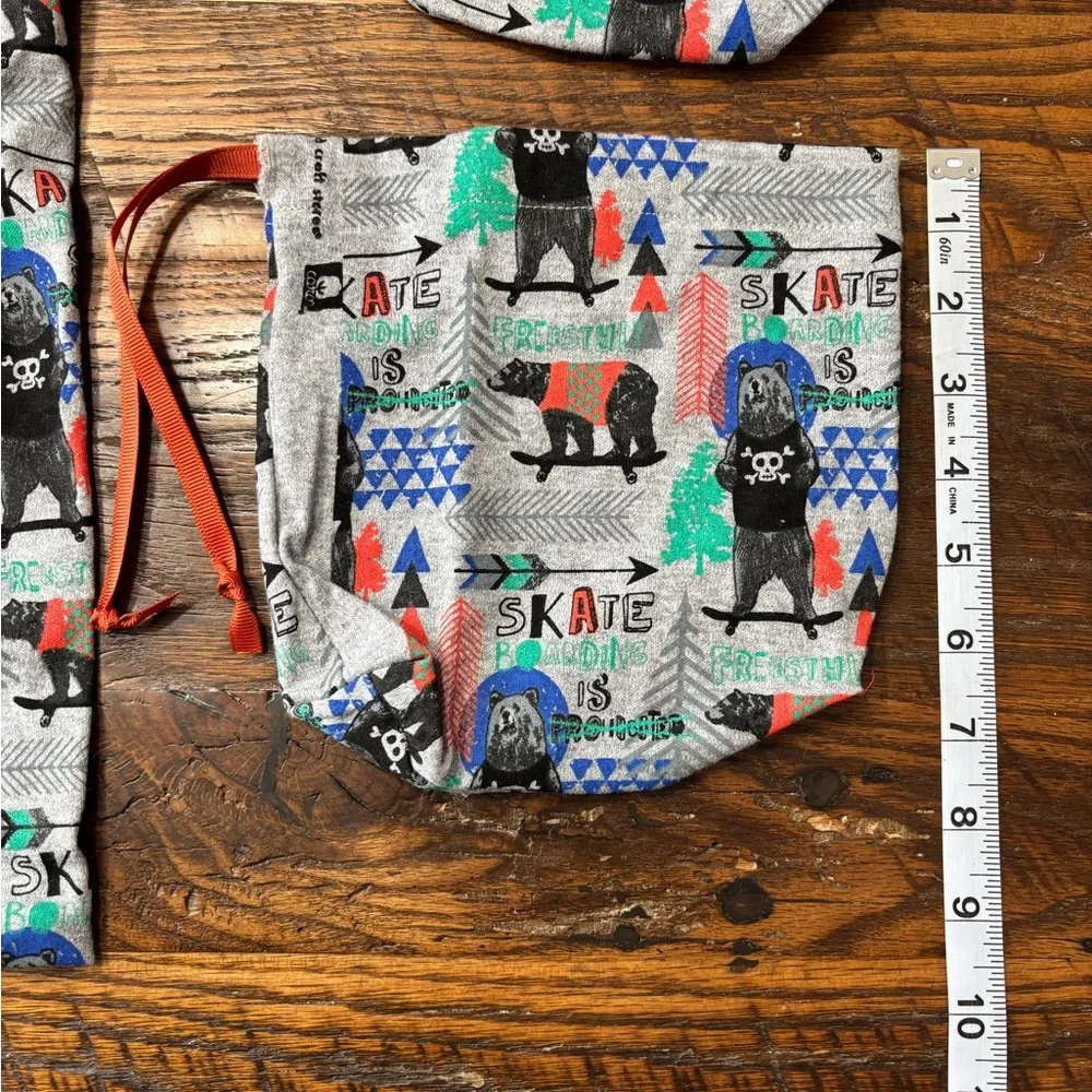 4 Handmade “Skateboarding Bears” Cotton Drawstring Gift Bags